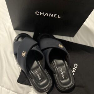 Chanel Black Slide Sandals with Gold Logo